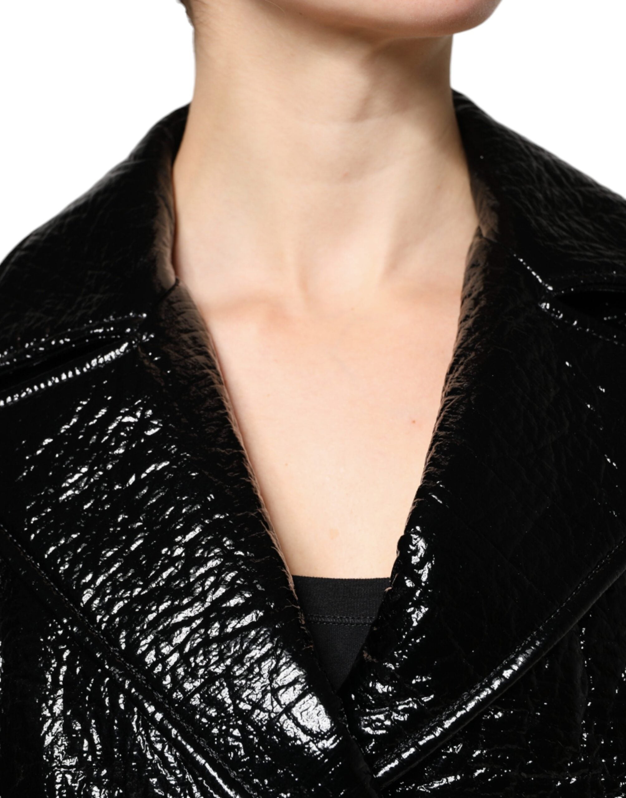 Black Leather Cropped Long Sleeve Coat Jacket - ventzia