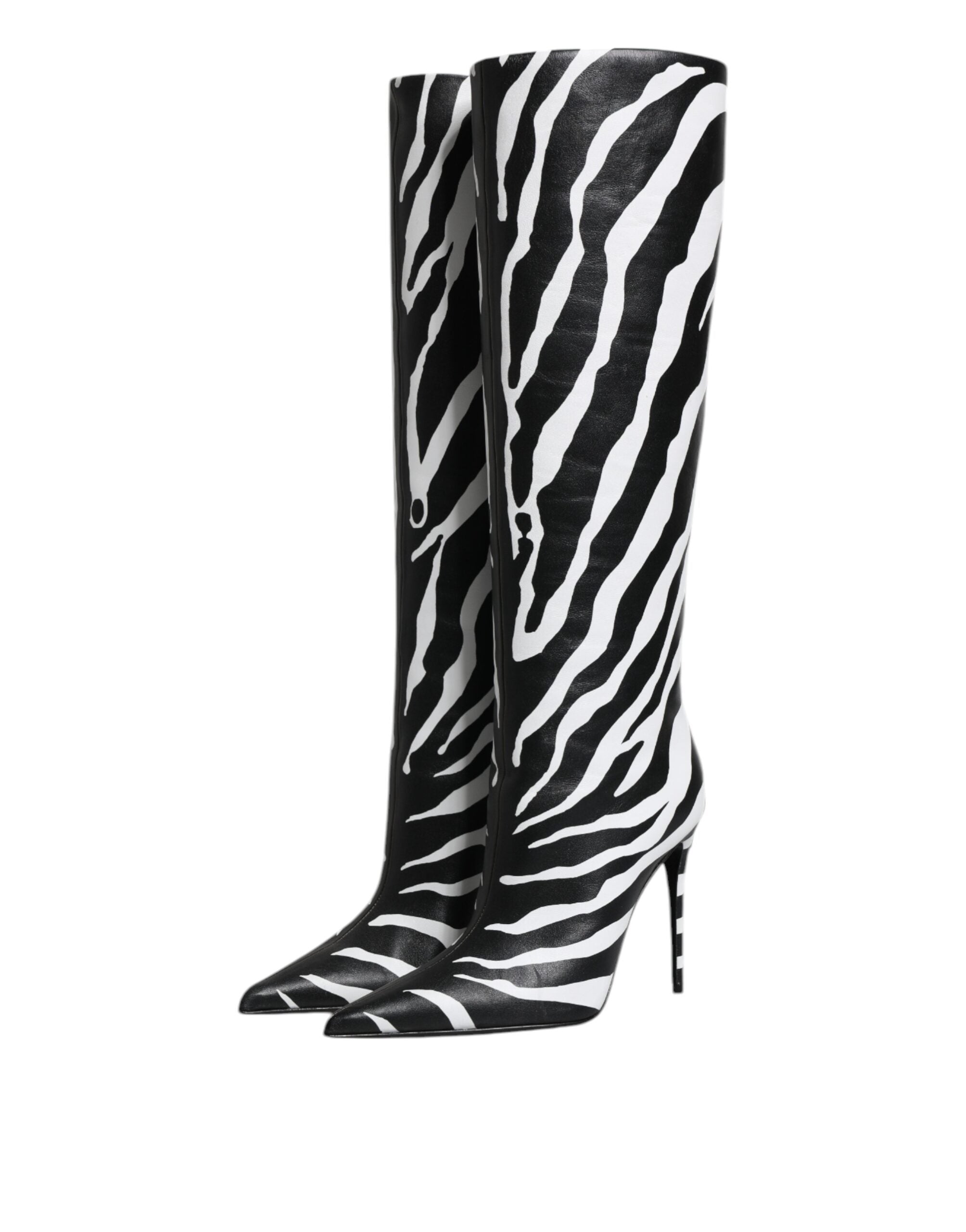 Black White Zebra Heels High Boots Shoes - ventzia
