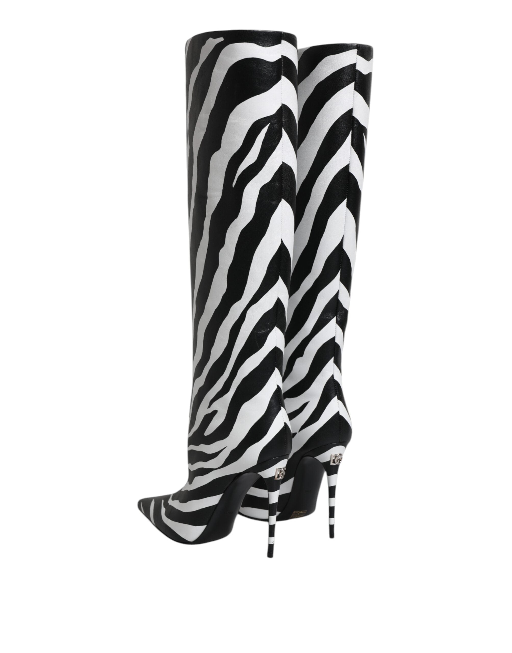Black White Zebra Heels High Boots Shoes - ventzia