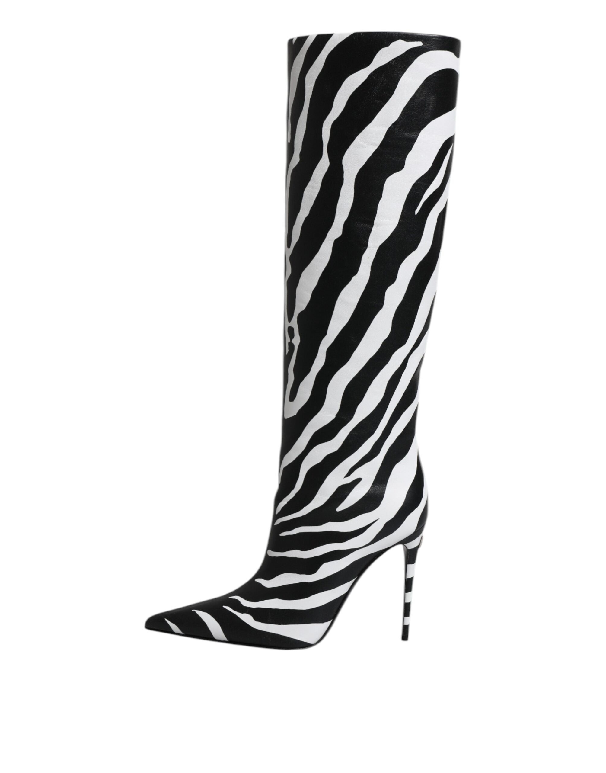 Black White Zebra Heels High Boots Shoes - ventzia