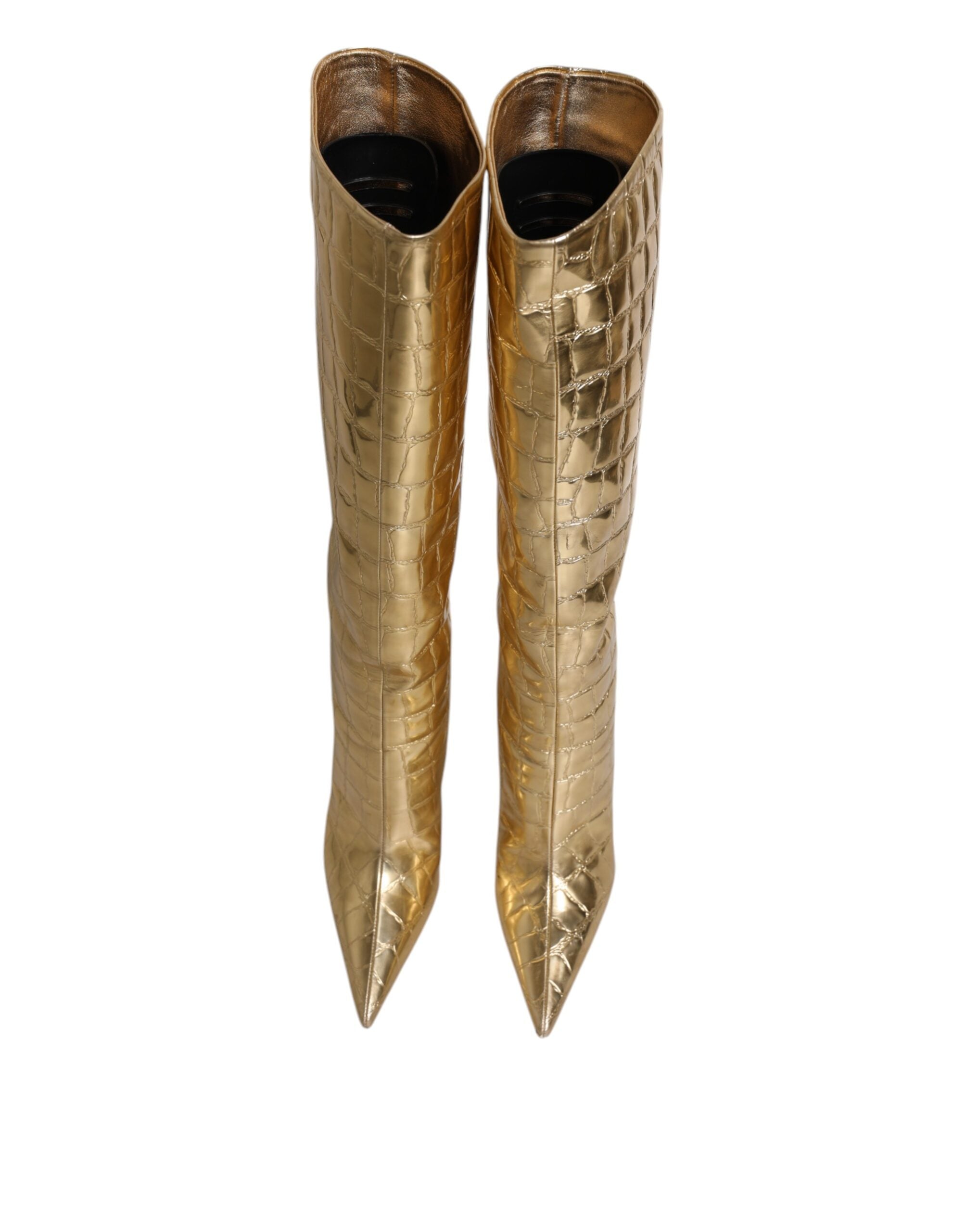 Gold Leather Stiletto Heels High Boots Shoes - ventzia