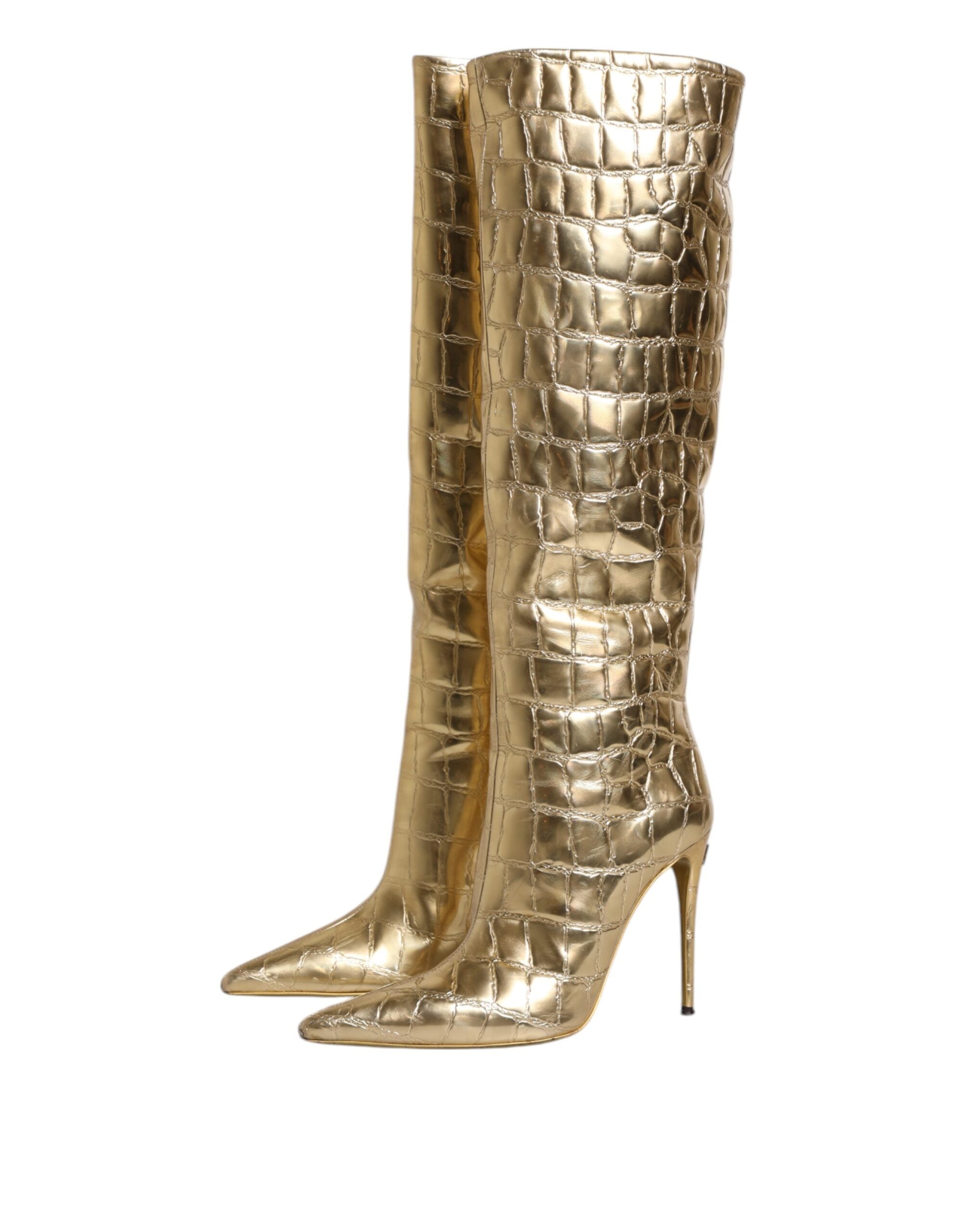 Gold Leather Stiletto Heels High Boots Shoes - ventzia