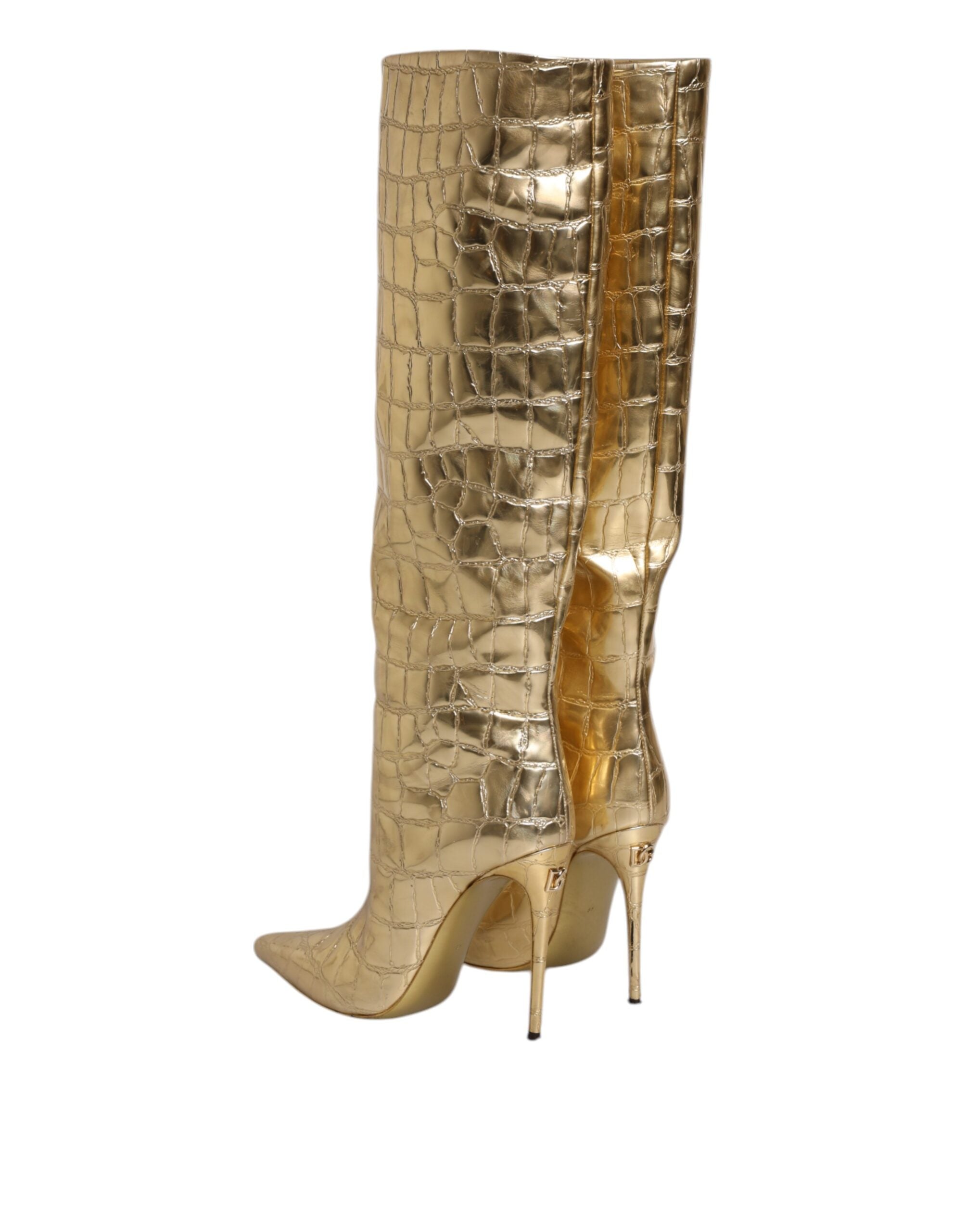 Gold Leather Stiletto Heels High Boots Shoes - ventzia