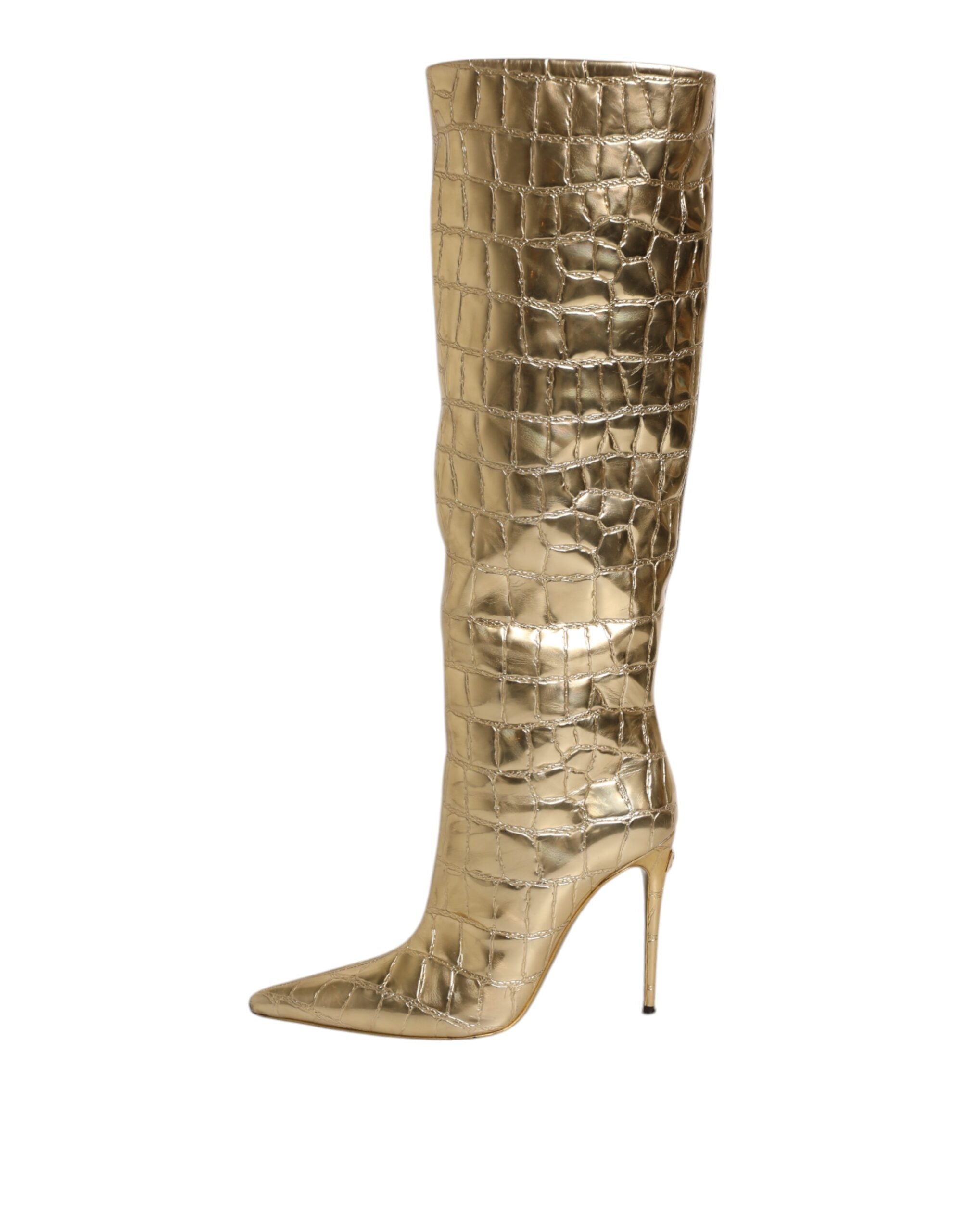 Gold Leather Stiletto Heels High Boots Shoes - ventzia