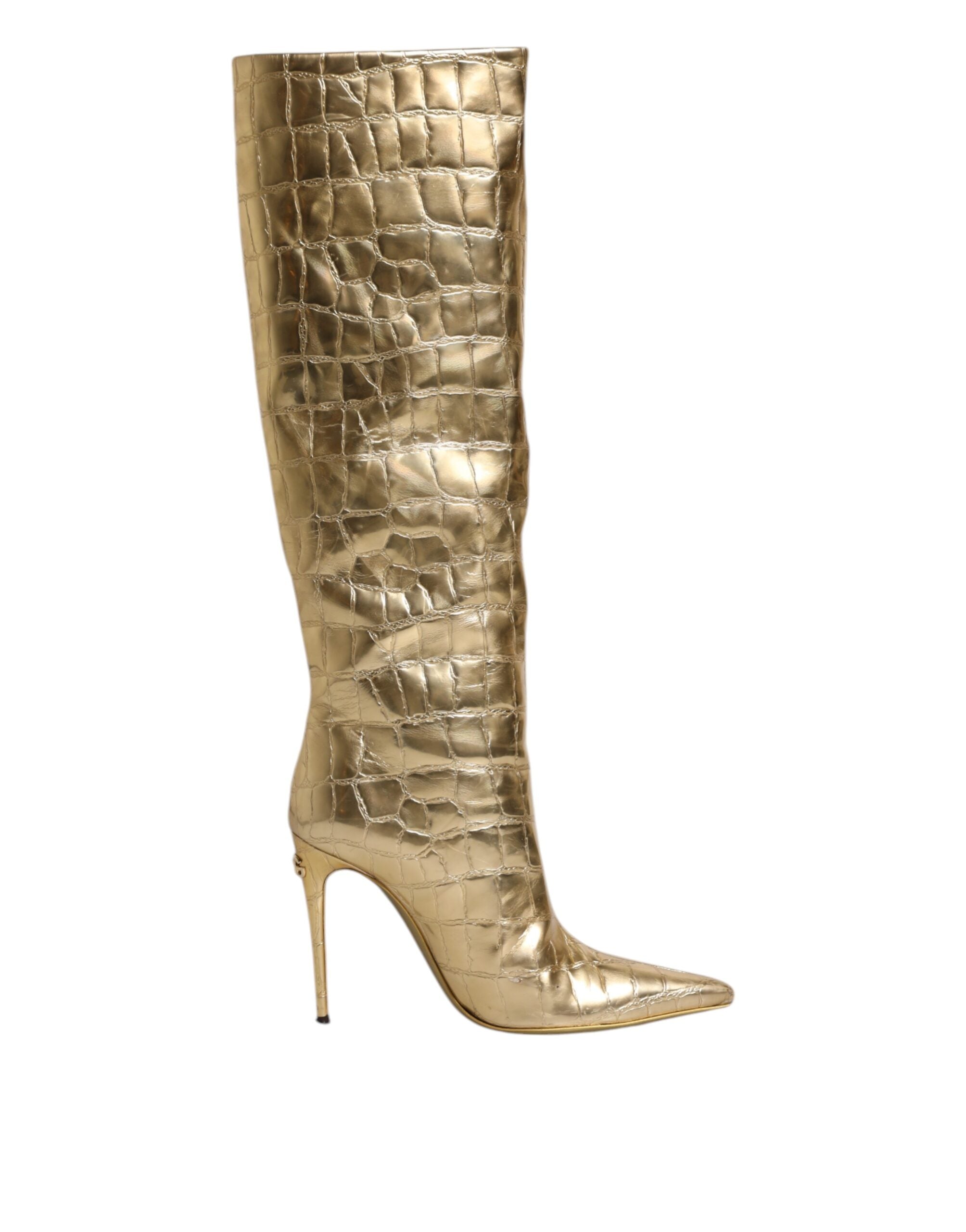 Gold Leather Stiletto Heels High Boots Shoes - ventzia