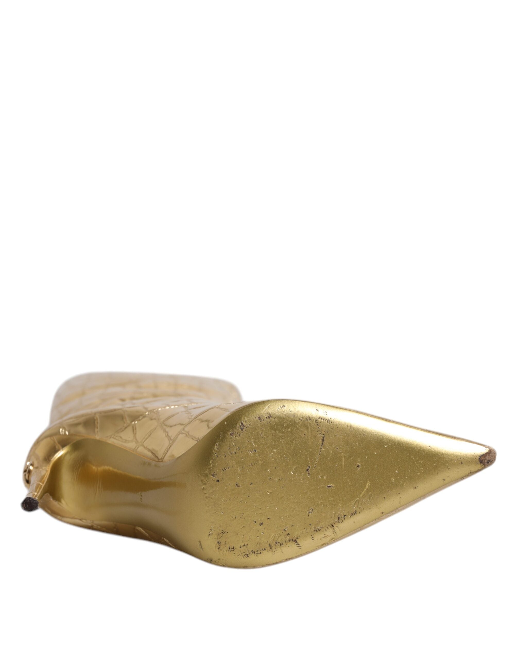 Gold Leather Stiletto Heels High Boots Shoes - ventzia