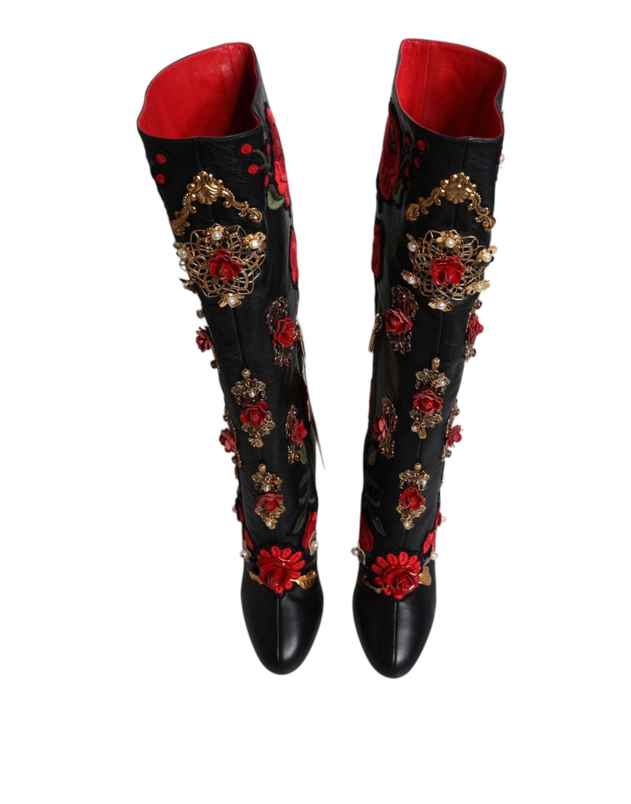 Black Roses Embellished Leather Heel Boots Shoes - ventzia