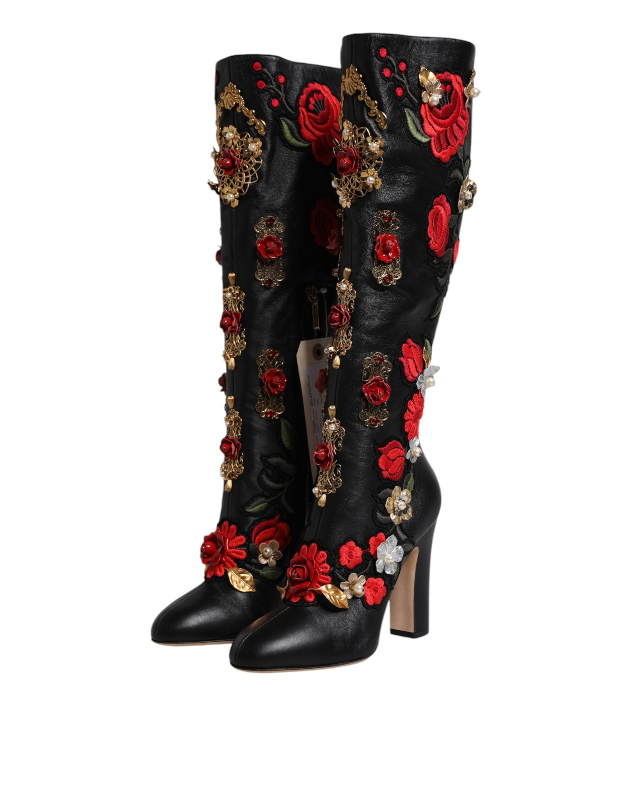 Black Roses Embellished Leather Heel Boots Shoes - ventzia