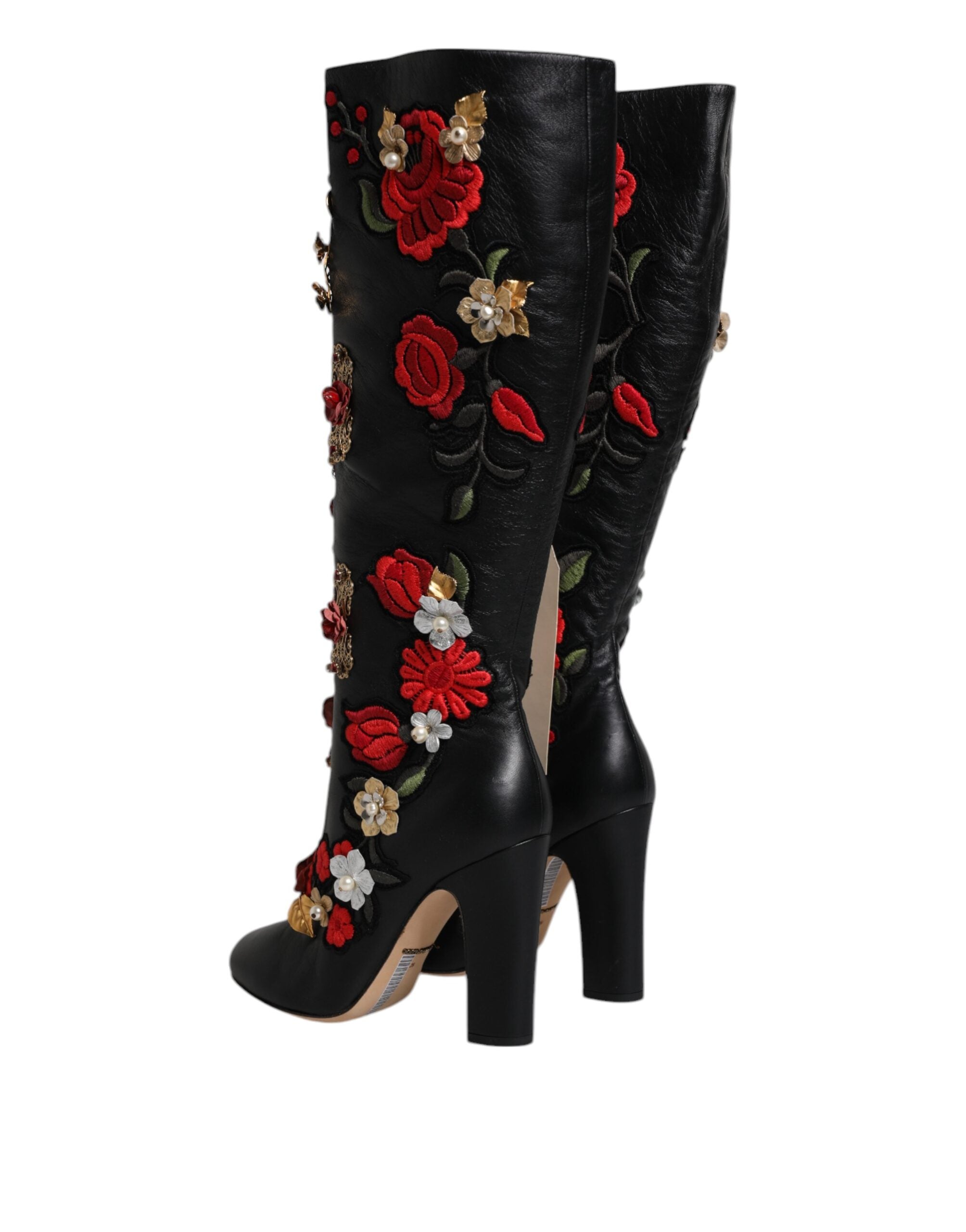 Black Roses Embellished Leather Heel Boots Shoes - ventzia