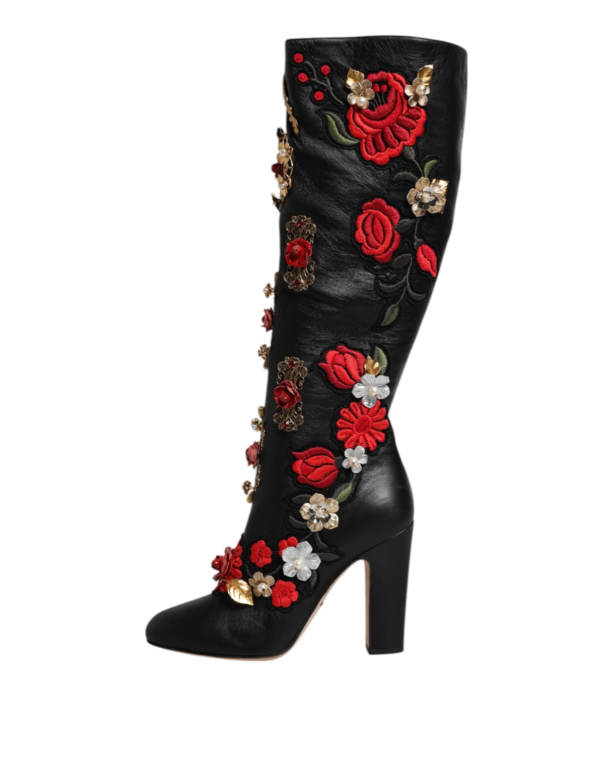 Black Roses Embellished Leather Heel Boots Shoes - ventzia