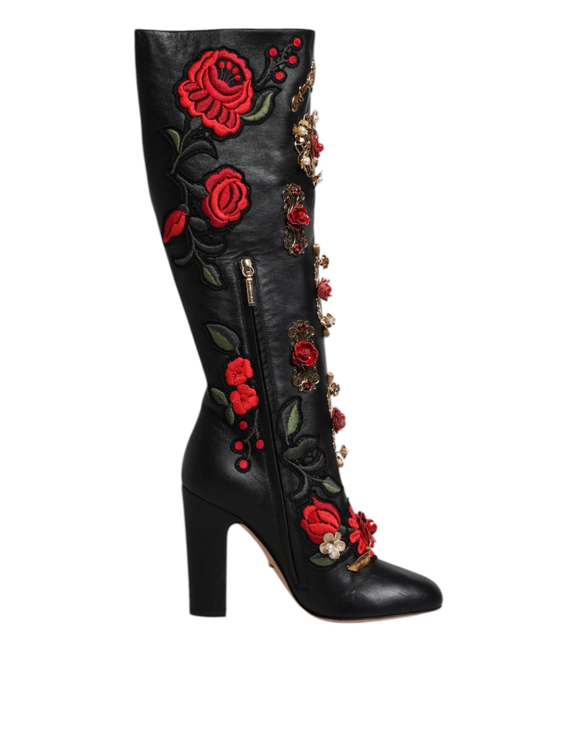 Black Roses Embellished Leather Heel Boots Shoes - ventzia