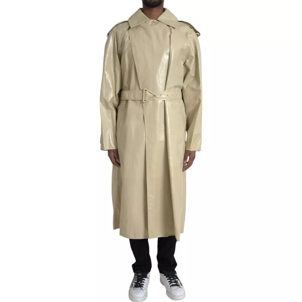 Beige Lambskin Leather Trench Coat Jacket - ventzia