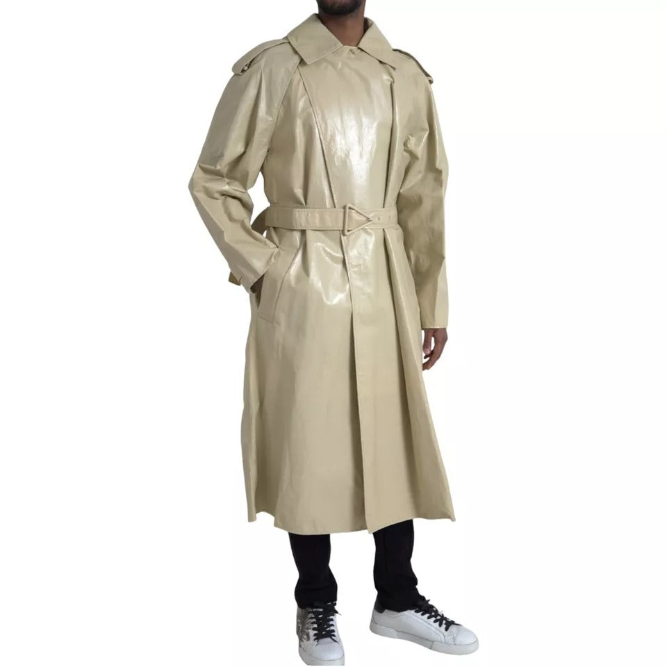 Beige Lambskin Leather Trench Coat Jacket - ventzia