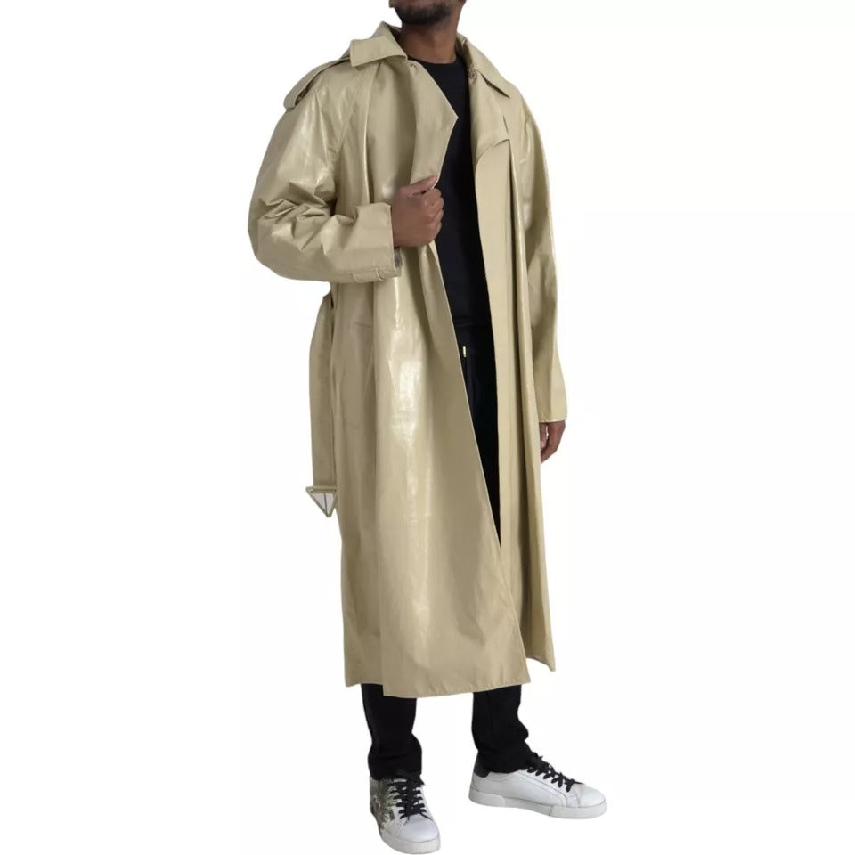 Beige Lambskin Leather Trench Coat Jacket - ventzia