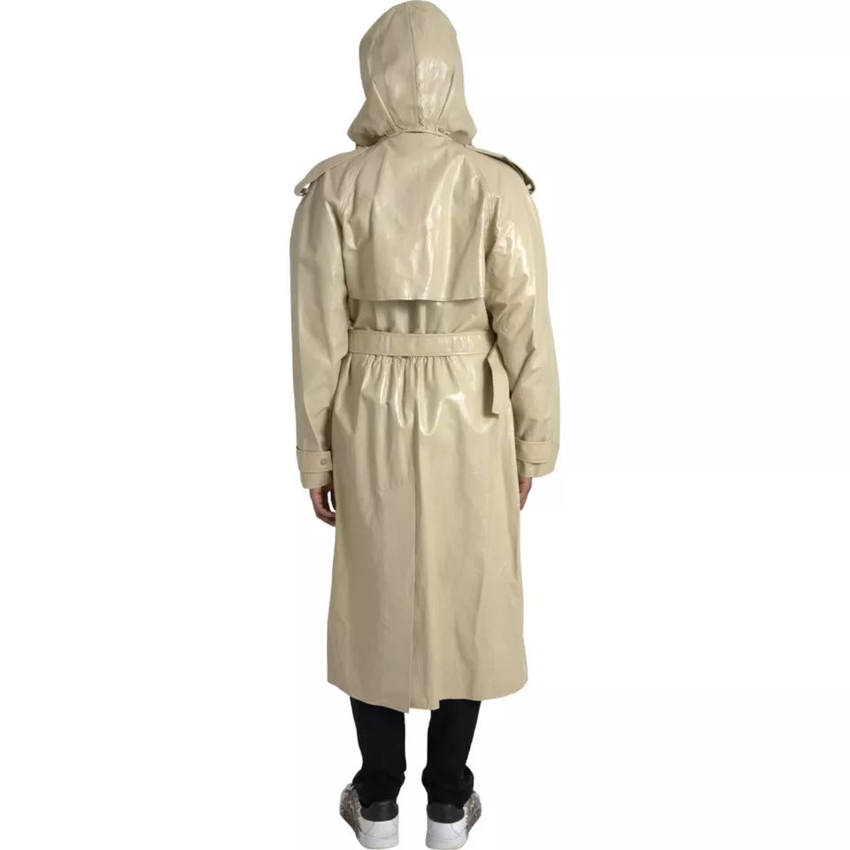 Beige Lambskin Leather Trench Coat Jacket - ventzia