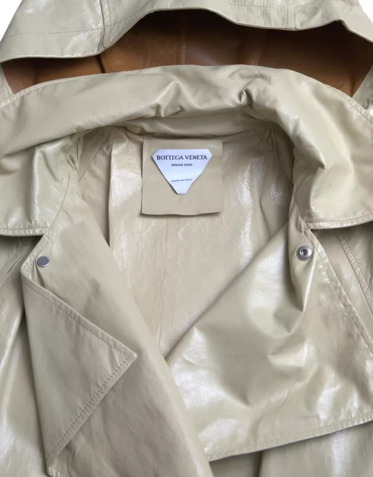 Beige Lambskin Leather Trench Coat Jacket - ventzia