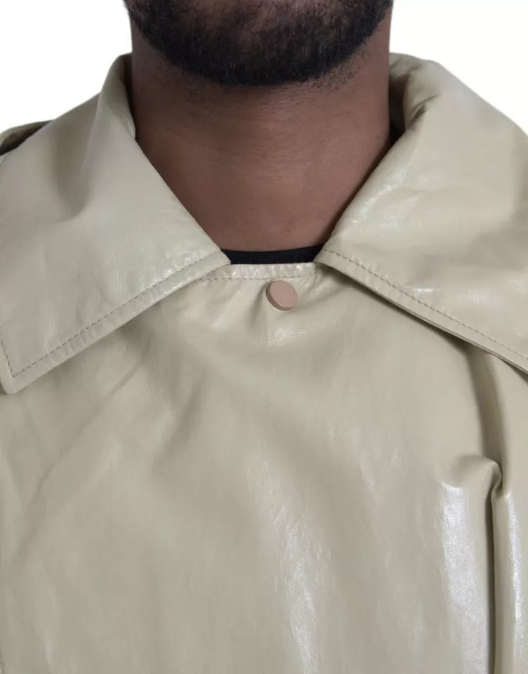 Beige Lambskin Leather Trench Coat Jacket - ventzia