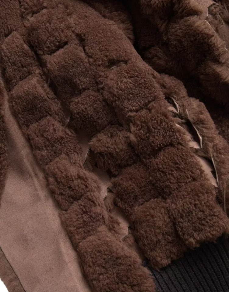 Brown Fur Lamb Shearling Coat Jacket - ventzia