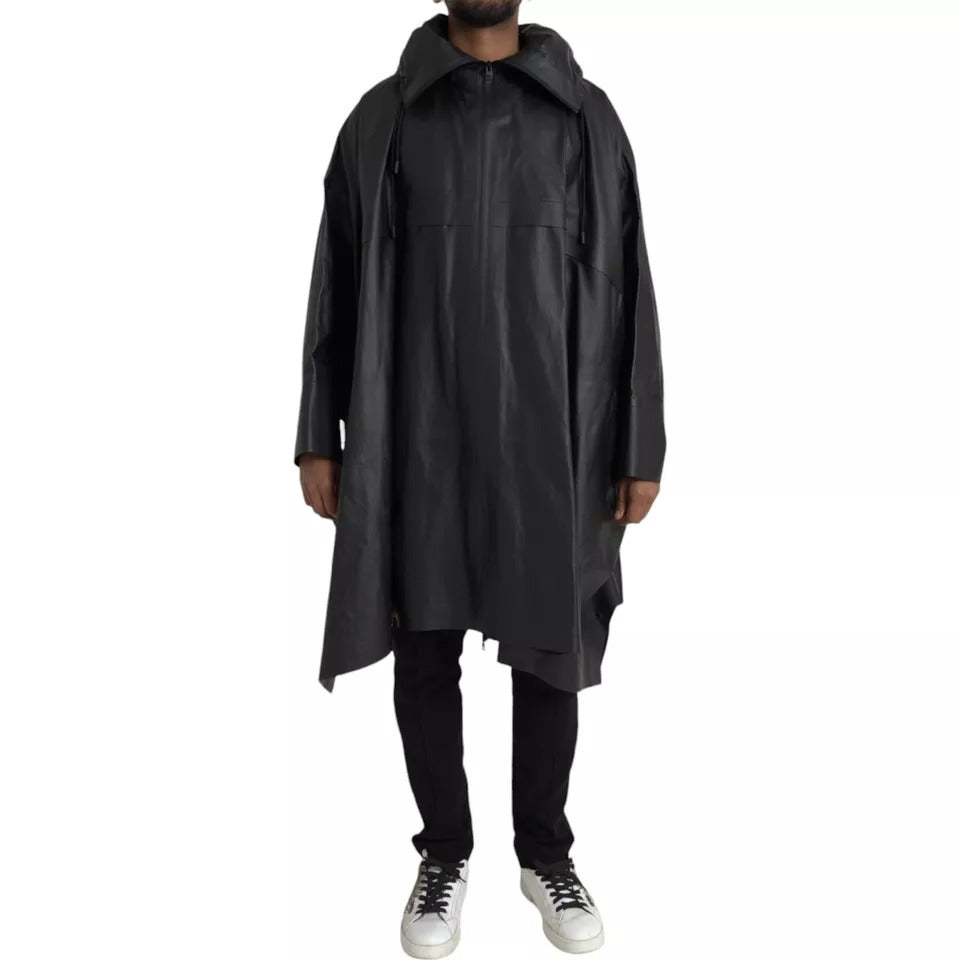 Black Leather Hooded Men Trenchcoat Jacket - ventzia