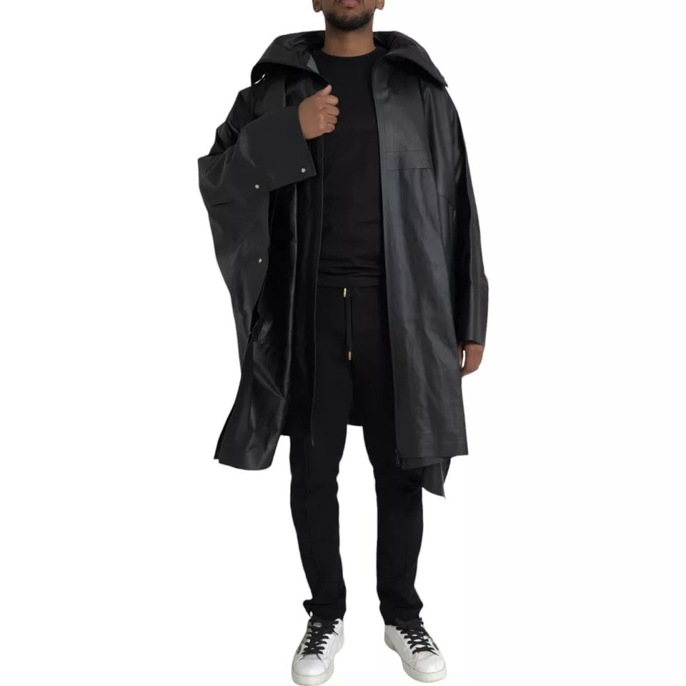 Black Leather Hooded Men Trenchcoat Jacket - ventzia