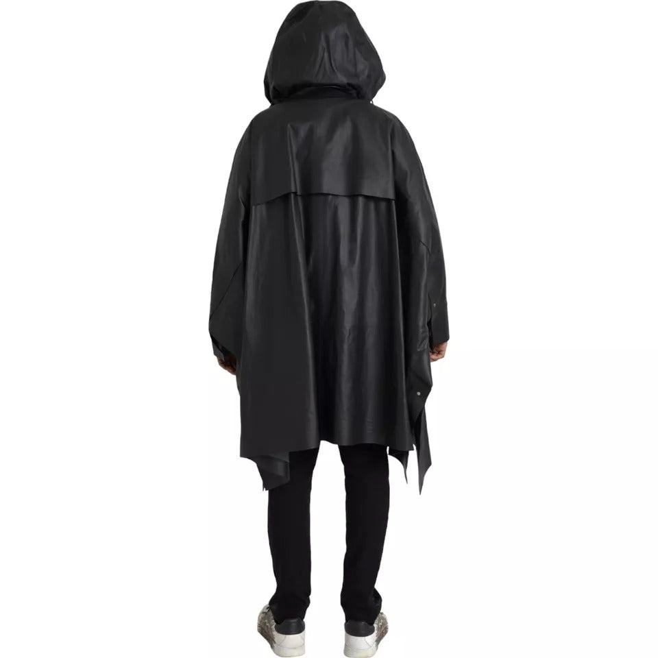 Black Leather Hooded Men Trenchcoat Jacket - ventzia