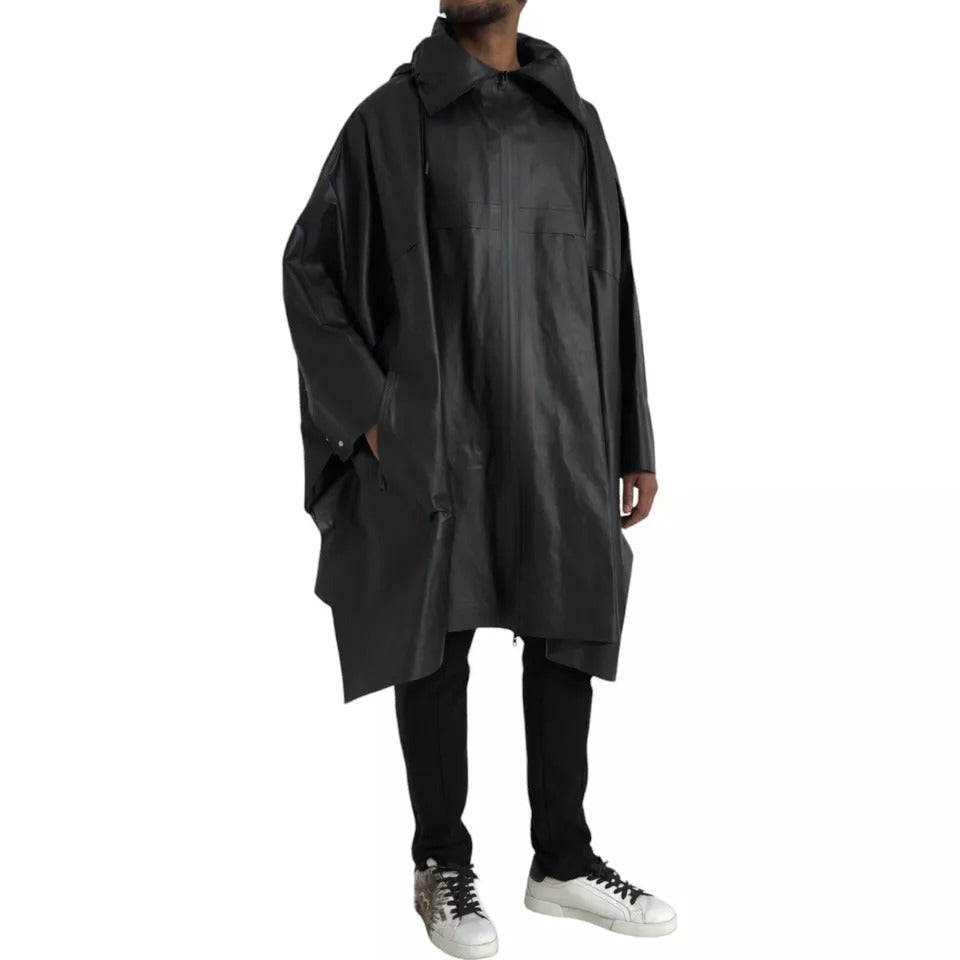Black Leather Hooded Men Trenchcoat Jacket - ventzia