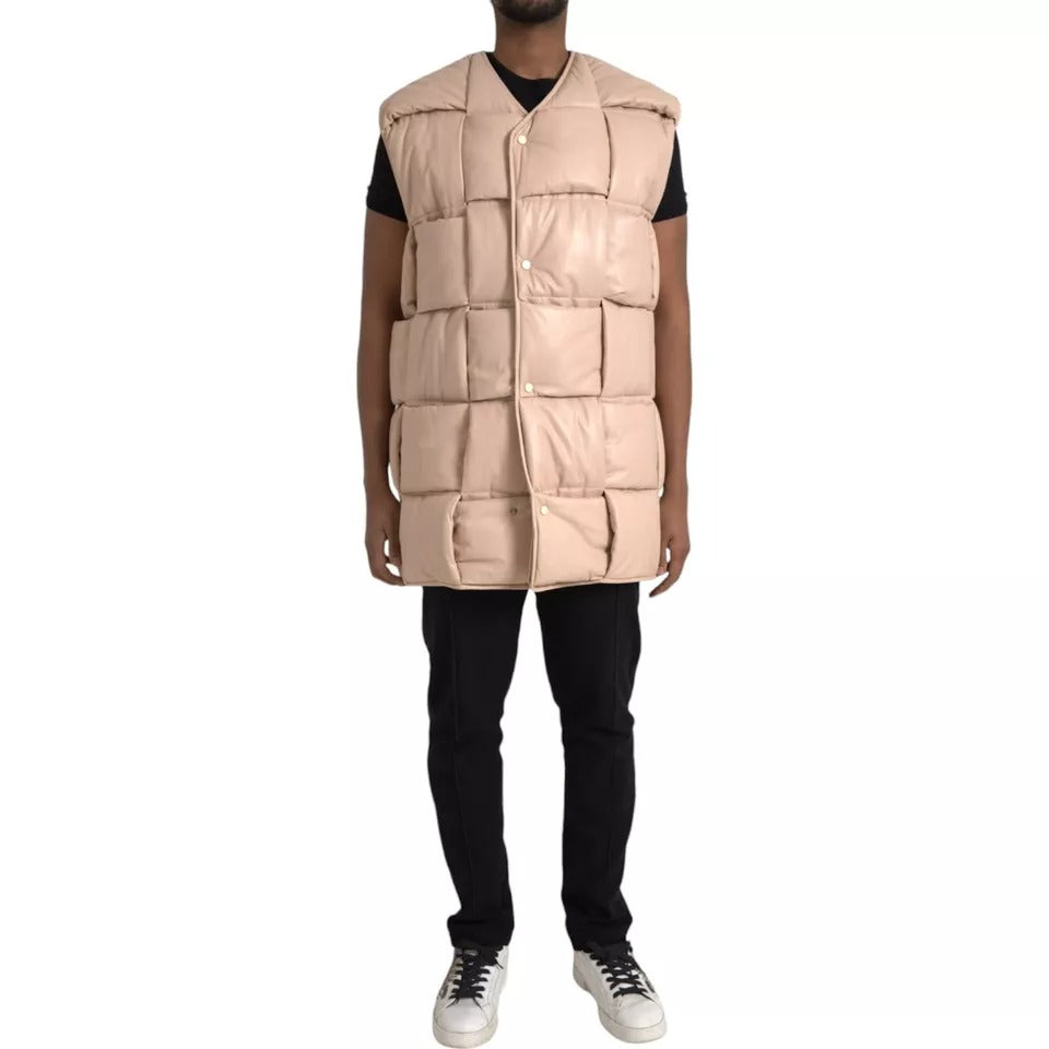 Beige Quilted Sleeveless Calf Leather Jacket - ventzia