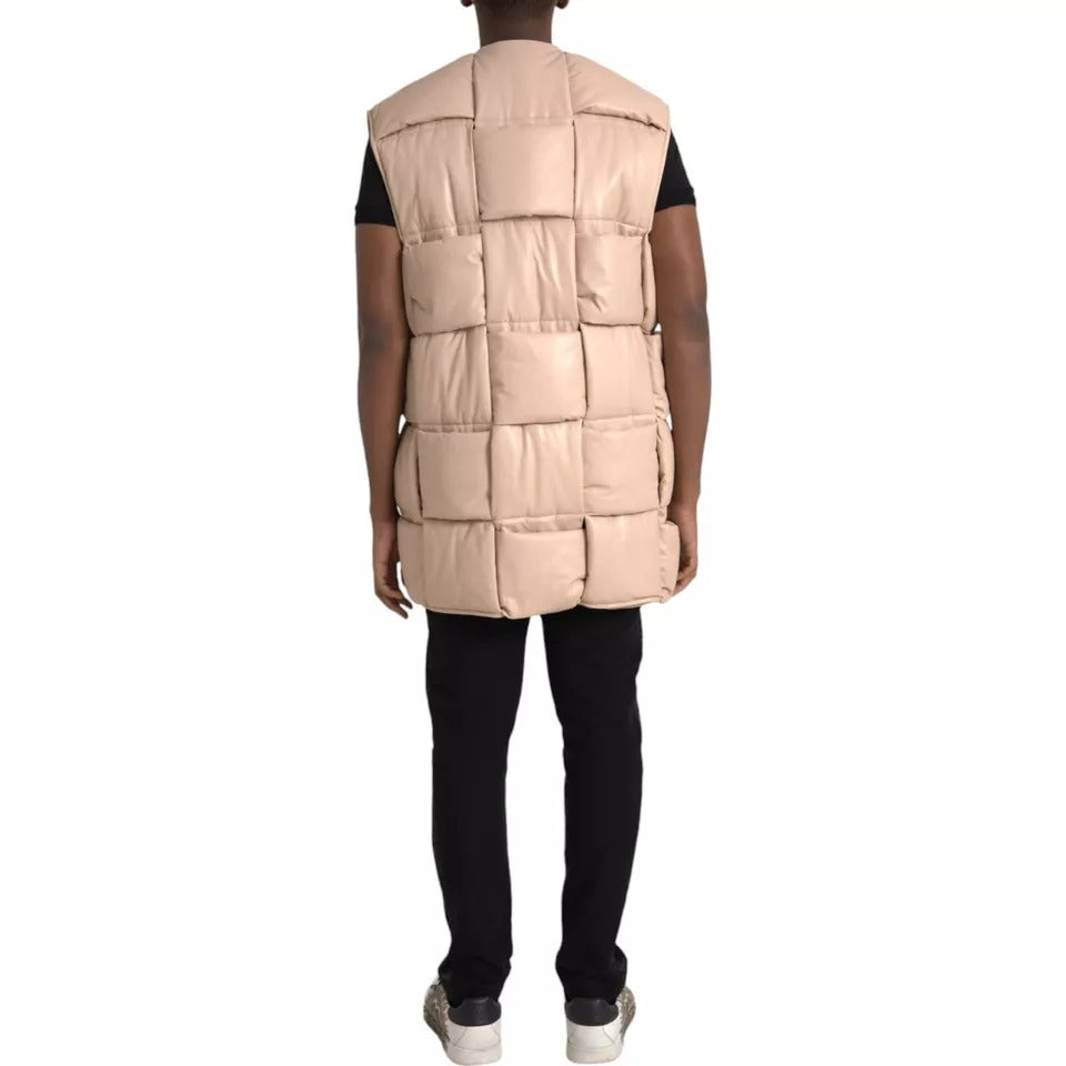 Beige Quilted Sleeveless Calf Leather Jacket - ventzia
