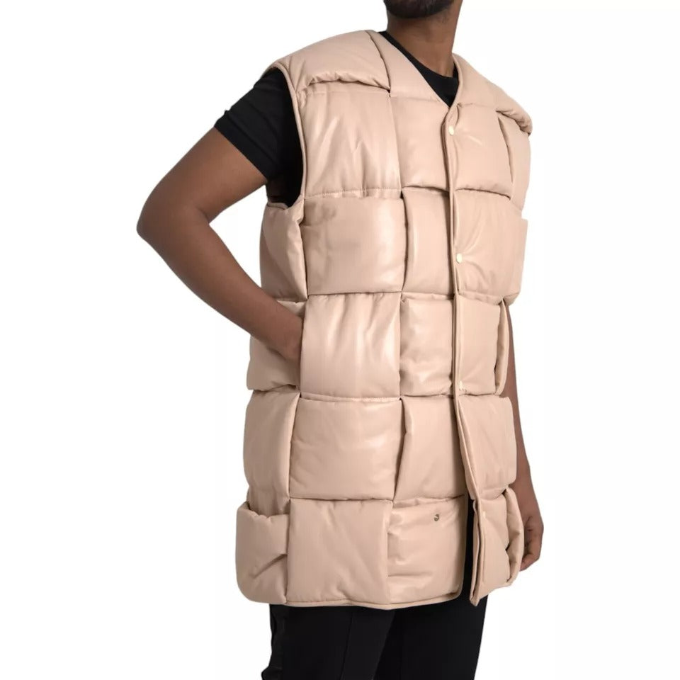 Beige Quilted Sleeveless Calf Leather Jacket - ventzia