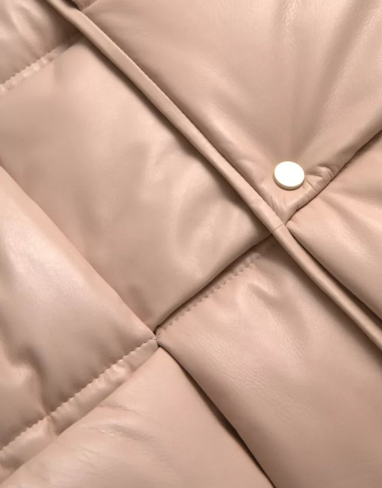 Beige Quilted Sleeveless Calf Leather Jacket - ventzia