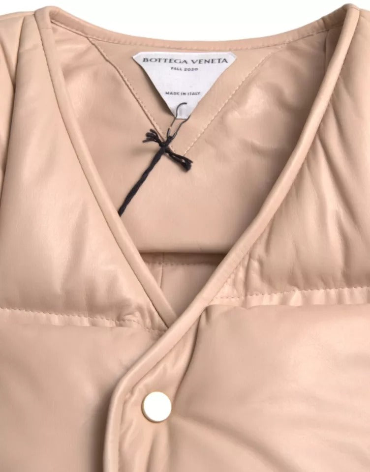 Beige Quilted Sleeveless Calf Leather Jacket - ventzia