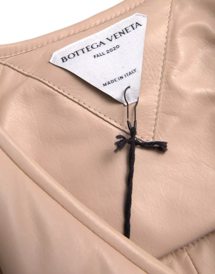 Beige Quilted Sleeveless Calf Leather Jacket - ventzia