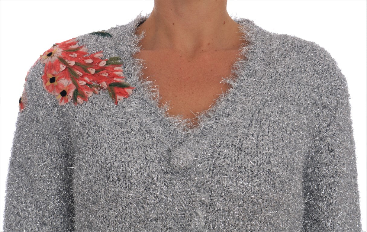 Elegant Silver Floral Applique Cardigan - ventzia