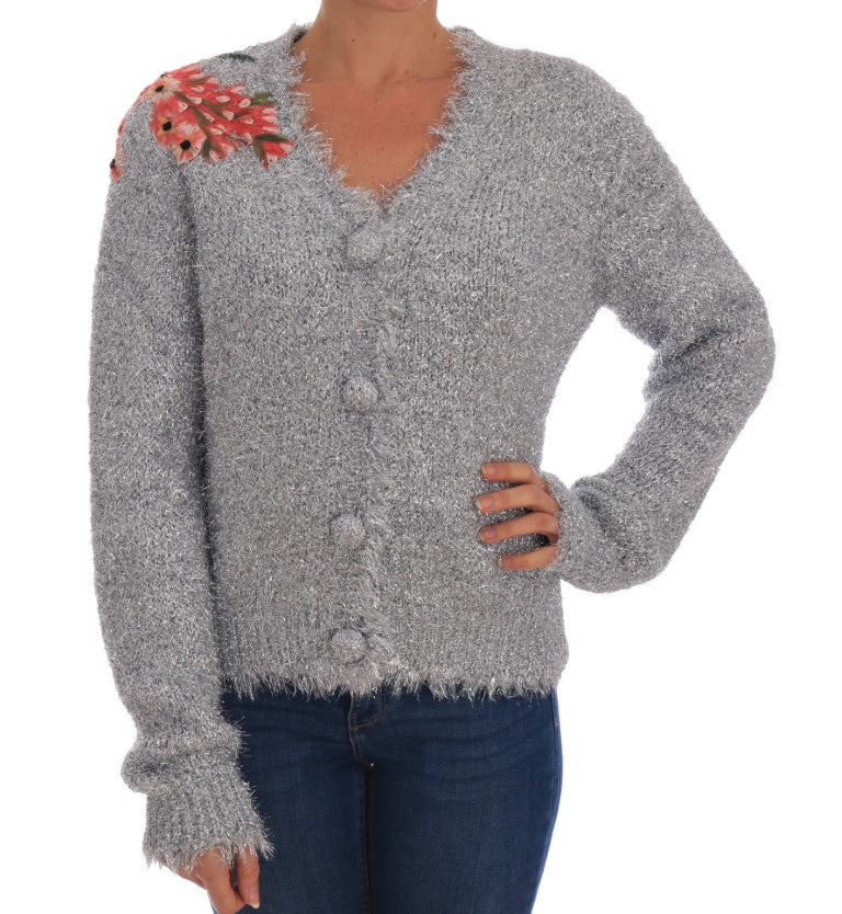 Elegant Silver Floral Applique Cardigan - ventzia