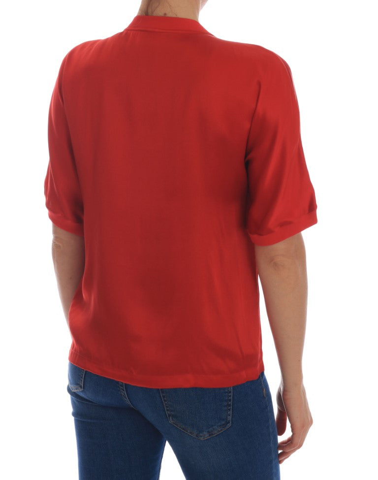 Elegant Red Silk Crystal-Embellished Blouse - ventzia