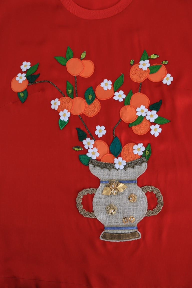 Elegant Red Silk Crystal-Embellished Blouse - ventzia