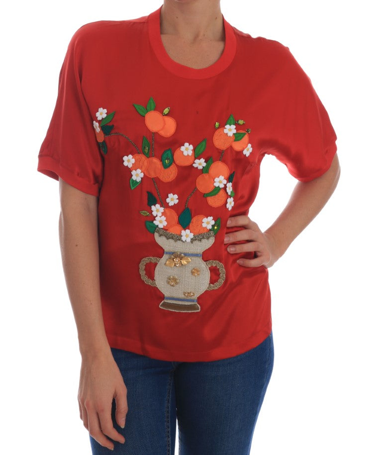 Elegant Red Silk Crystal-Embellished Blouse - ventzia