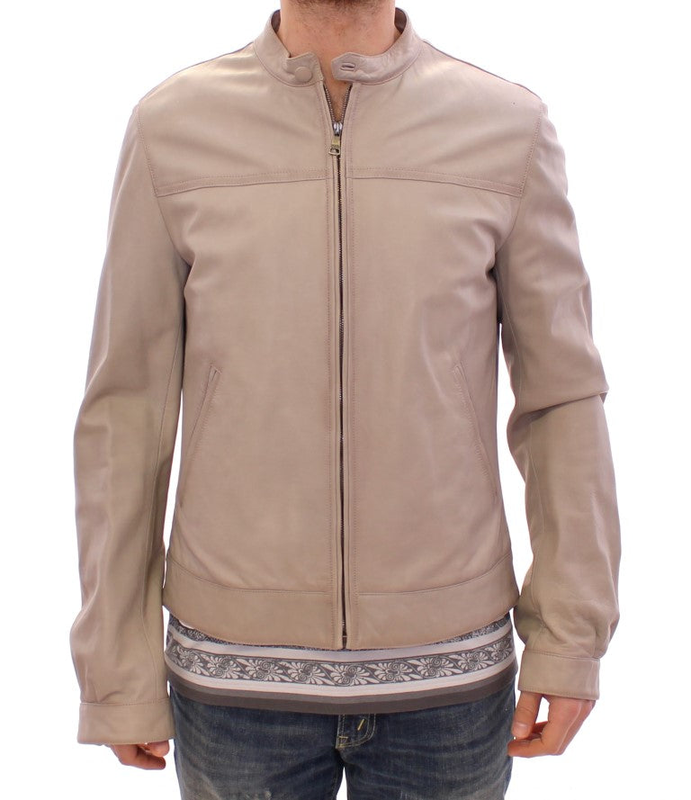Elegant Beige Leather Lambskin Jacket - ventzia