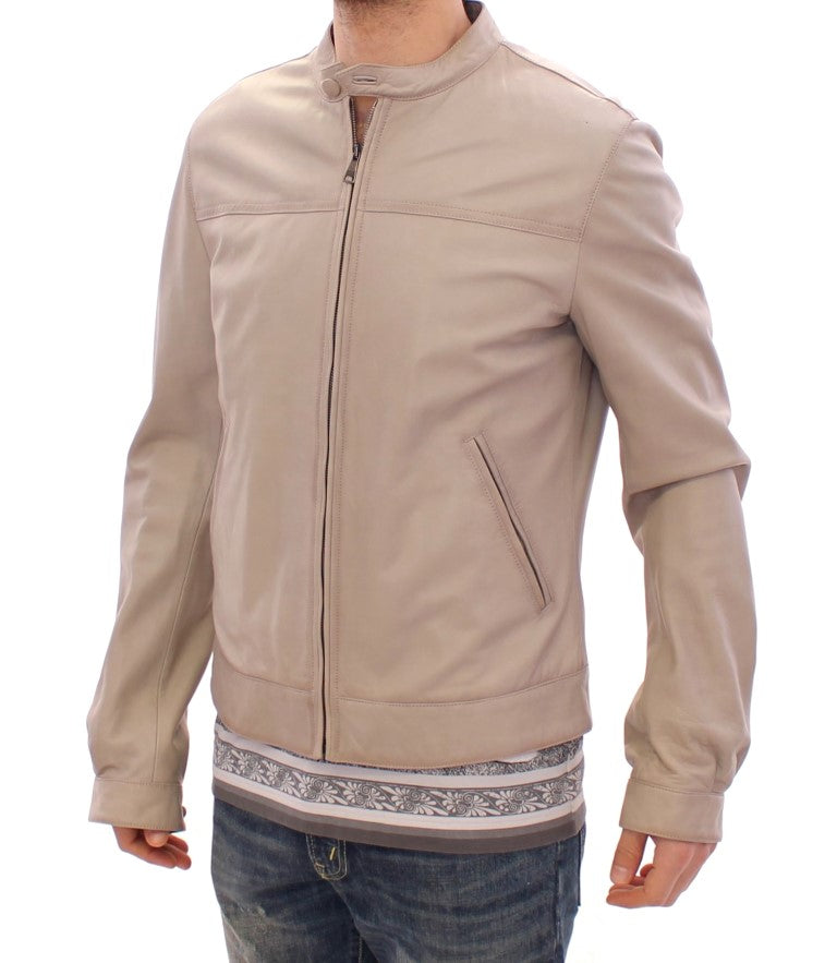 Elegant Beige Leather Lambskin Jacket - ventzia