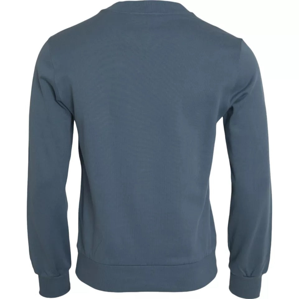 Blue Cotton Logo Patch Crew Neck Men Pullover Sweater - ventzia