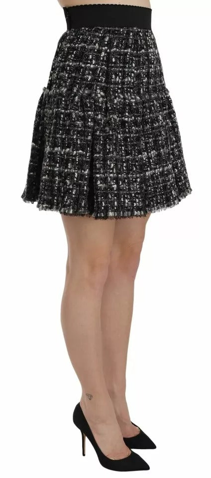 Black Check Flounce Detailed Wool Mini Skirt - ventzia