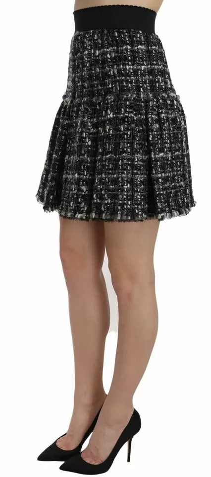 Black Check Flounce Detailed Wool Mini Skirt - ventzia