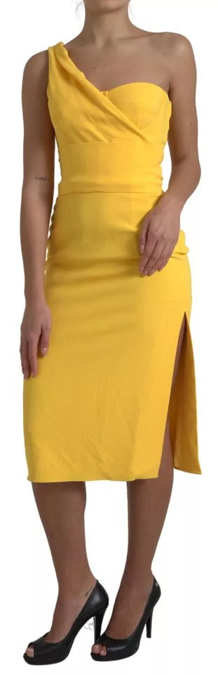 Yellow One Shoulder Side Slit Midi Dress - ventzia