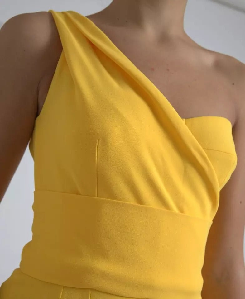 Yellow One Shoulder Side Slit Midi Dress - ventzia