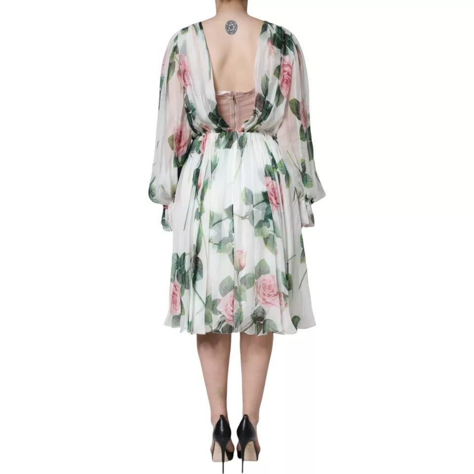 White Silk Floral Print A-line Midi Dress - ventzia