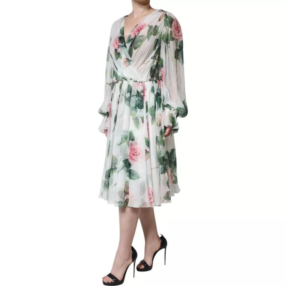 White Silk Floral Print A-line Midi Dress - ventzia