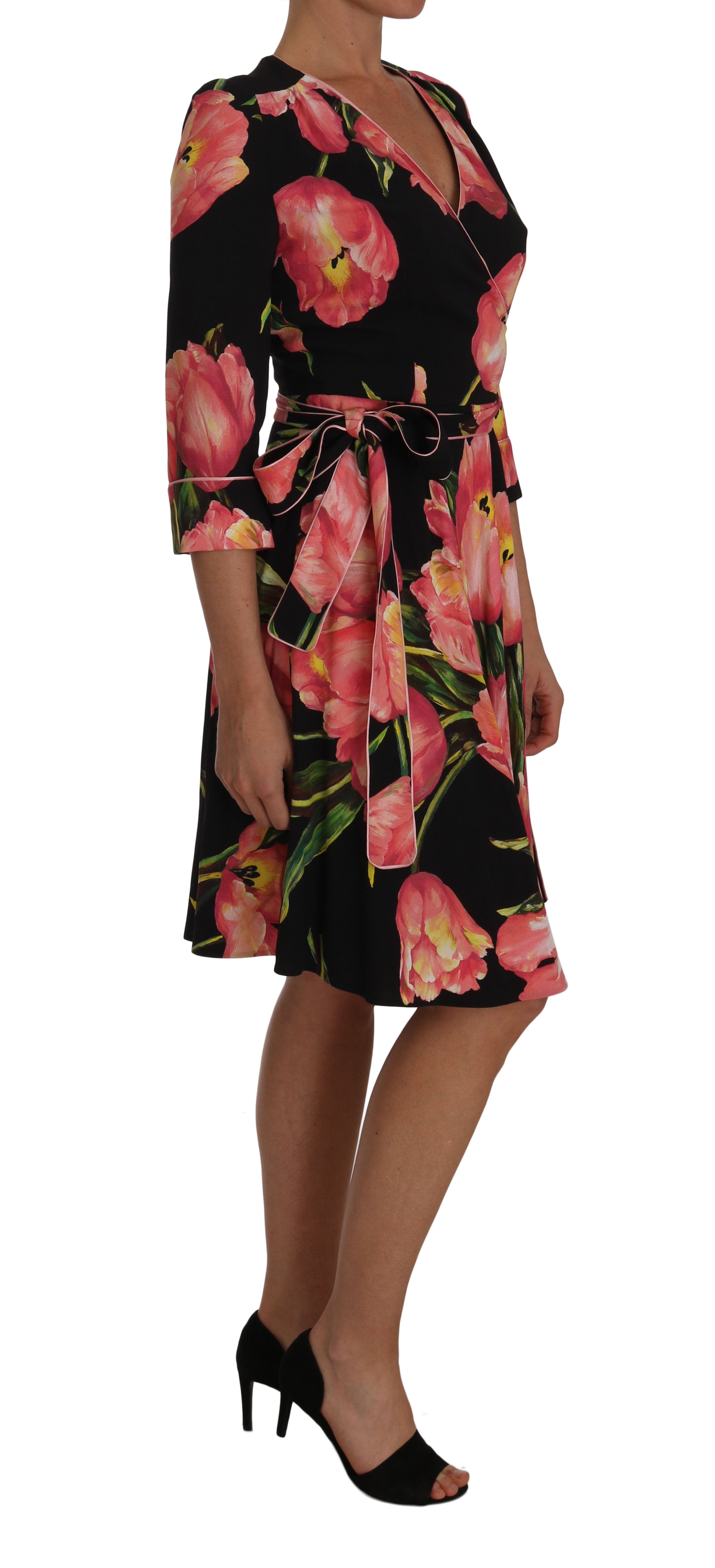 Elegant Black Shift Dress with Pink Tulips Print - ventzia