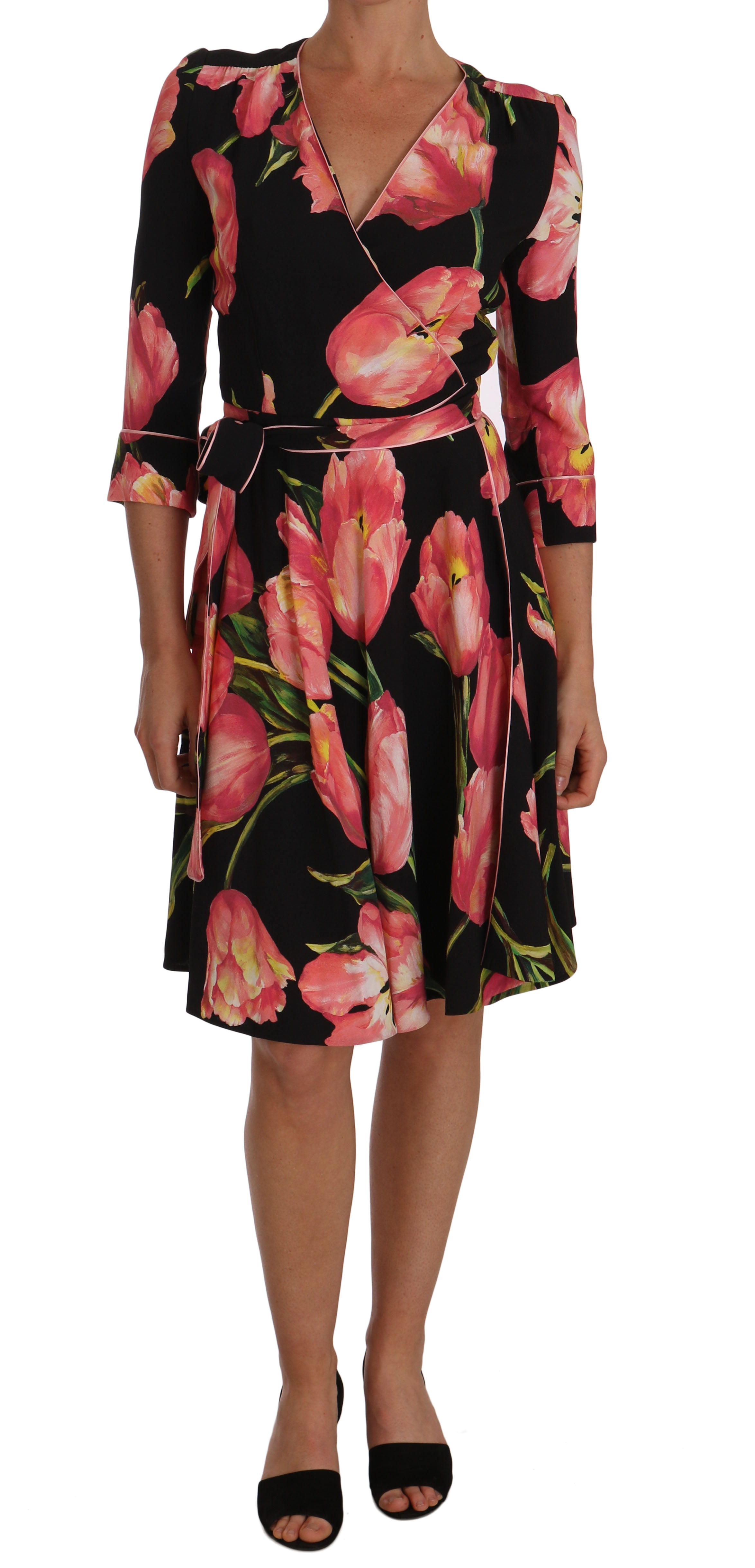 Elegant Black Shift Dress with Pink Tulips Print - ventzia
