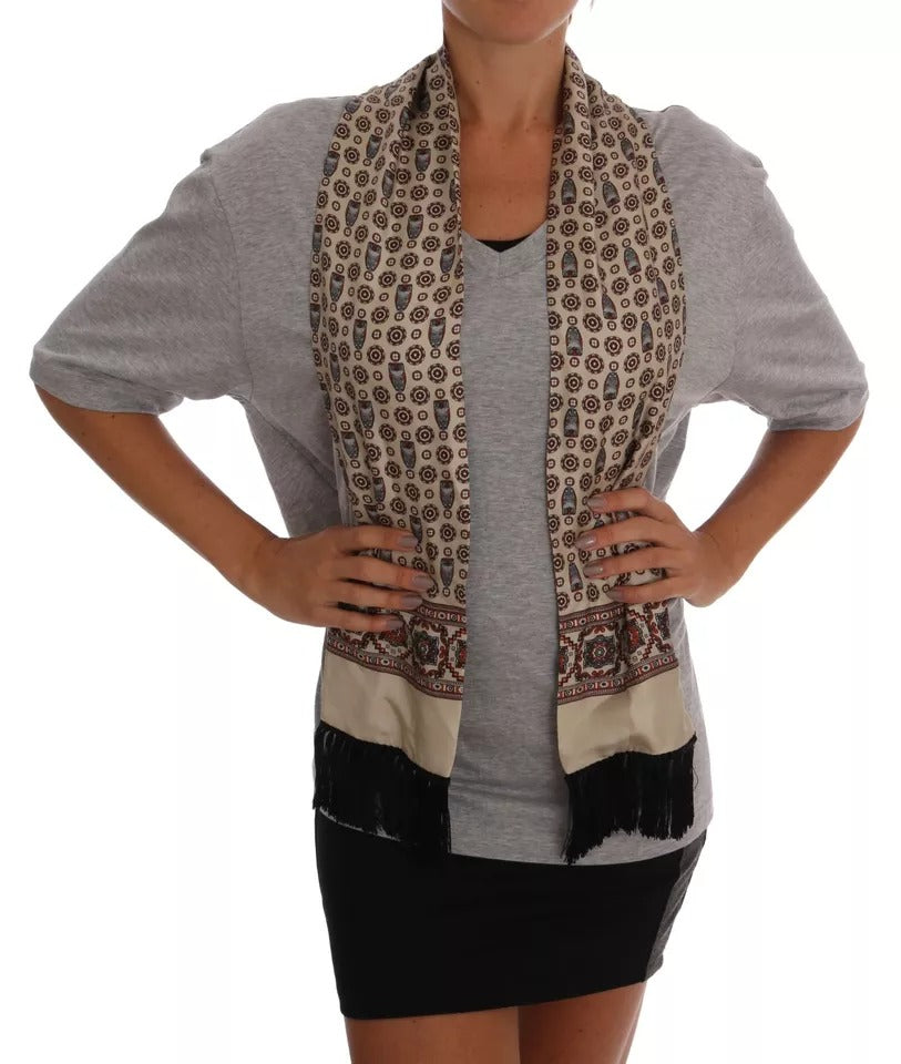 Gray Cotton Owl Silk Scarf Top T-shirt - ventzia