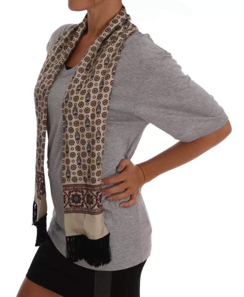 Gray Cotton Owl Silk Scarf Top T-shirt - ventzia